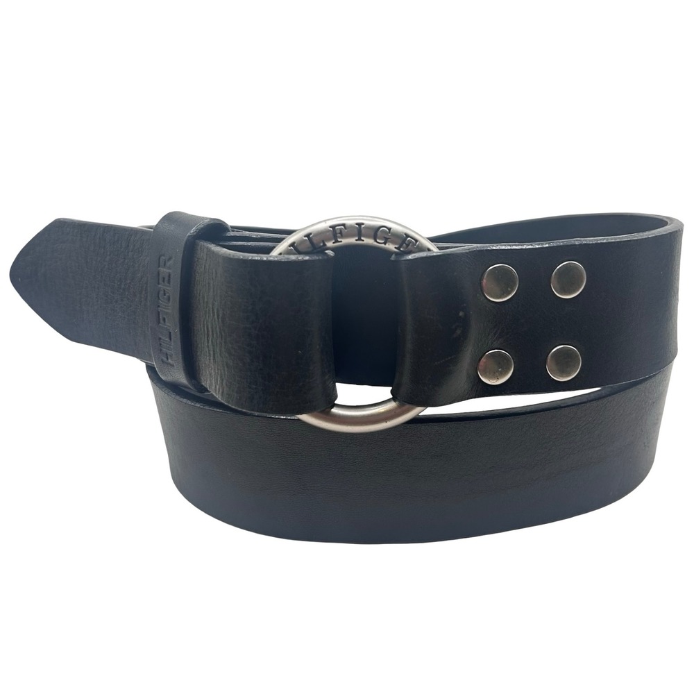 Tommy Hilfiger Women's Black Leather Belt Ring Buckle Classic Casual